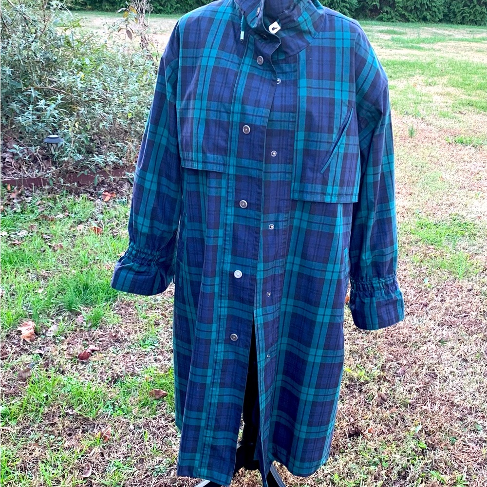 Plaid Trench Coat in Navy & Green - Lightweight Women's Trench